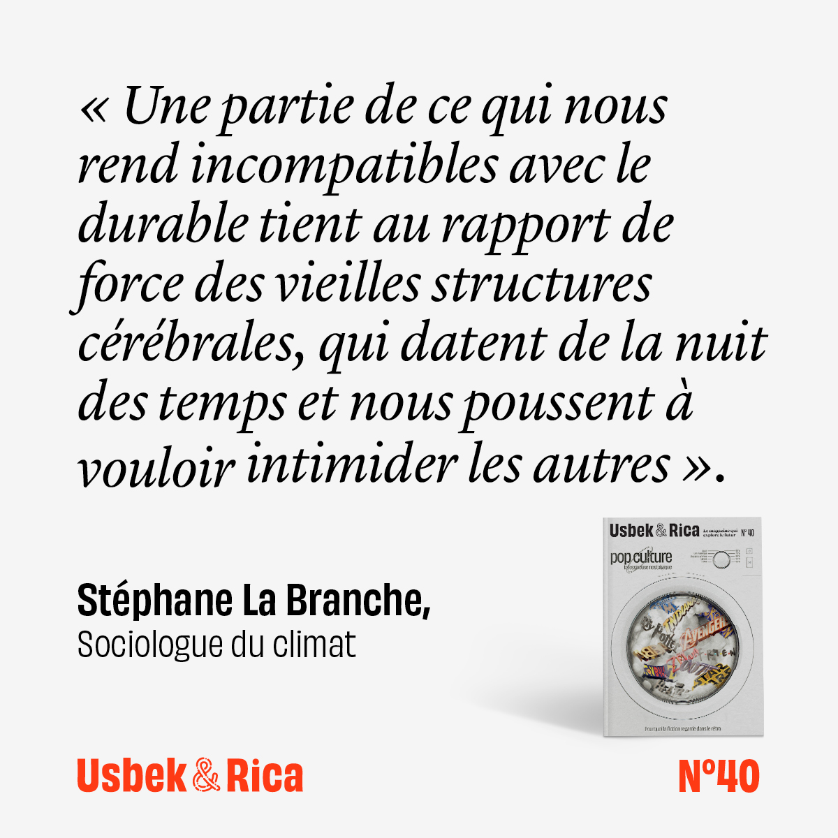 Climatologues, biologistes et océanographes ont fait leur part. Il est temps de faire entrer psychologues et neuroscientifiques dans la danse, défend en substance le « Giec du comportement ».
Un sujet à retrouver dans le nouveau numéro de notre magazine : usbeketrica.com/fr/magazine?mt…