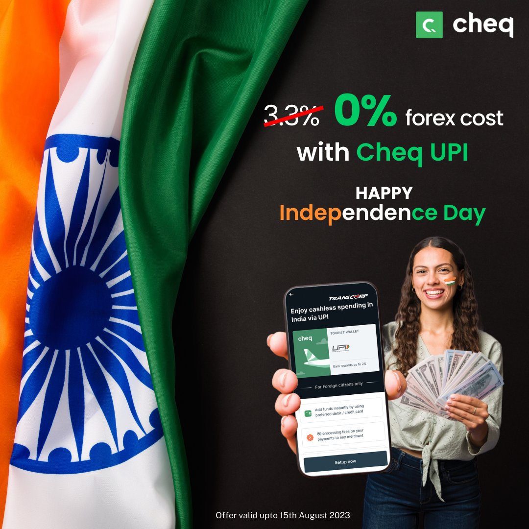 This Independence Day, celebrate financial freedom with Cheq! 🇮🇳  Enjoy the  0% forex markup and 0 transaction fees, making your  India tour truly cost-free. Embrace seamless international payments through UPI with Cheq. 
link-to.app/chequpiwebsite
#UPIforNRI #UPIforForeigners