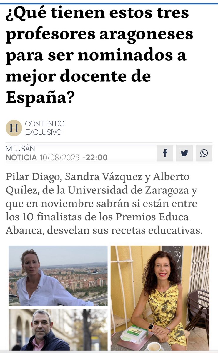 Muchas gracias al <a href="/heraldoes/">Heraldo de Aragón</a> y a la periodista María Usan Buil por visibilizar la enseñanza universitaria con ocasión de las nominaciones al mejor docente de España #PremiosEDUCAABANCA 

↪️ heraldo.es/noticias/arago…