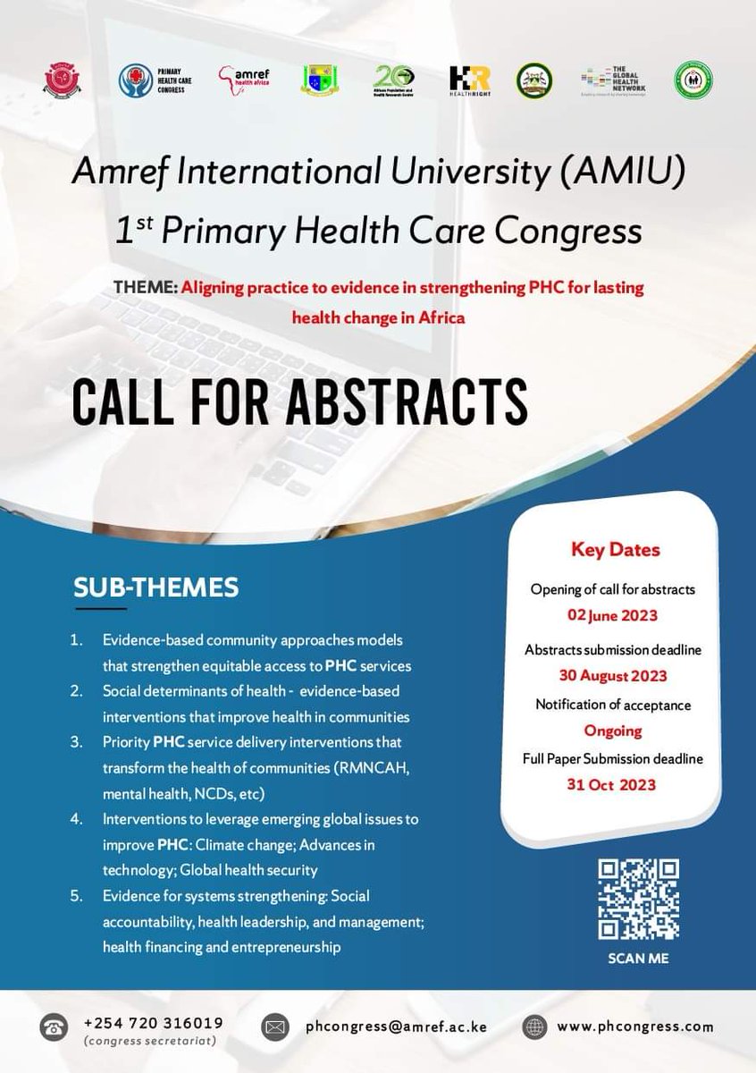 Jooustonline's tweet photo. We are inviting you to participate in the 1st @AmrefUniversity Primary Healthcare Congress! 
Date: November 29-December 1
Venue: Amref University-Main Campus, Langata Rd. 
https://t.co/mjhvI3R8UX
Email: Phcongress@amref.ac.ke
Abstract Submission deadline: August 30, 2023. https://t.co/T075B87KSz