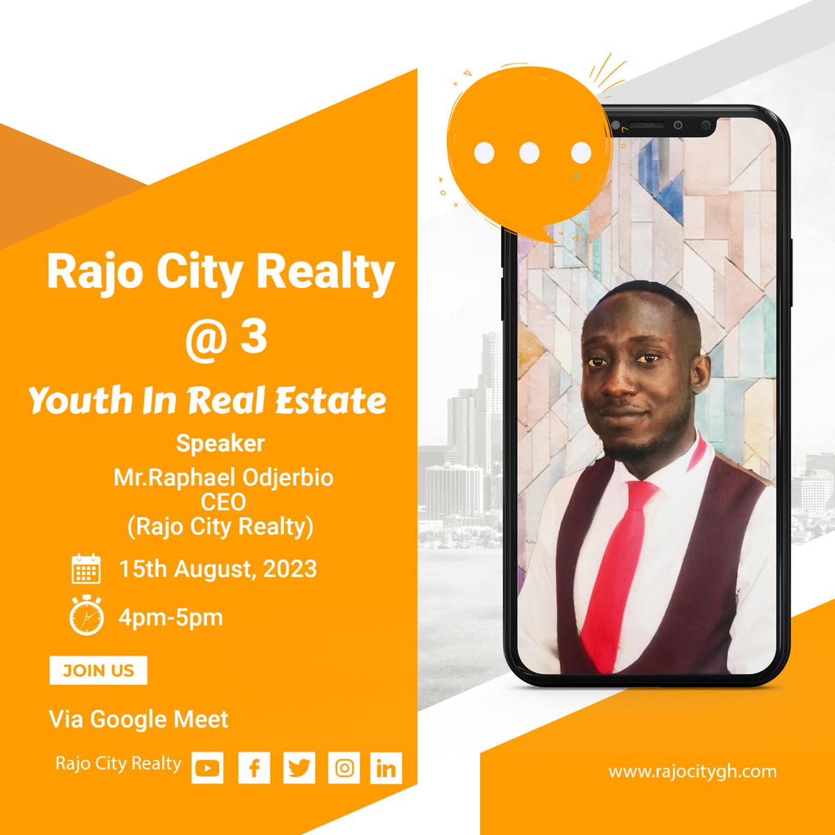 rajocitygh's tweet photo. As part of our 3rd year anniversary celebrations, we bring you an exclusive virtual session of the maiden edition of Youth In Real Estate. @rajogh @ralphojb @Selorm_Fiadjoe https://t.co/7zDC5m9pRd