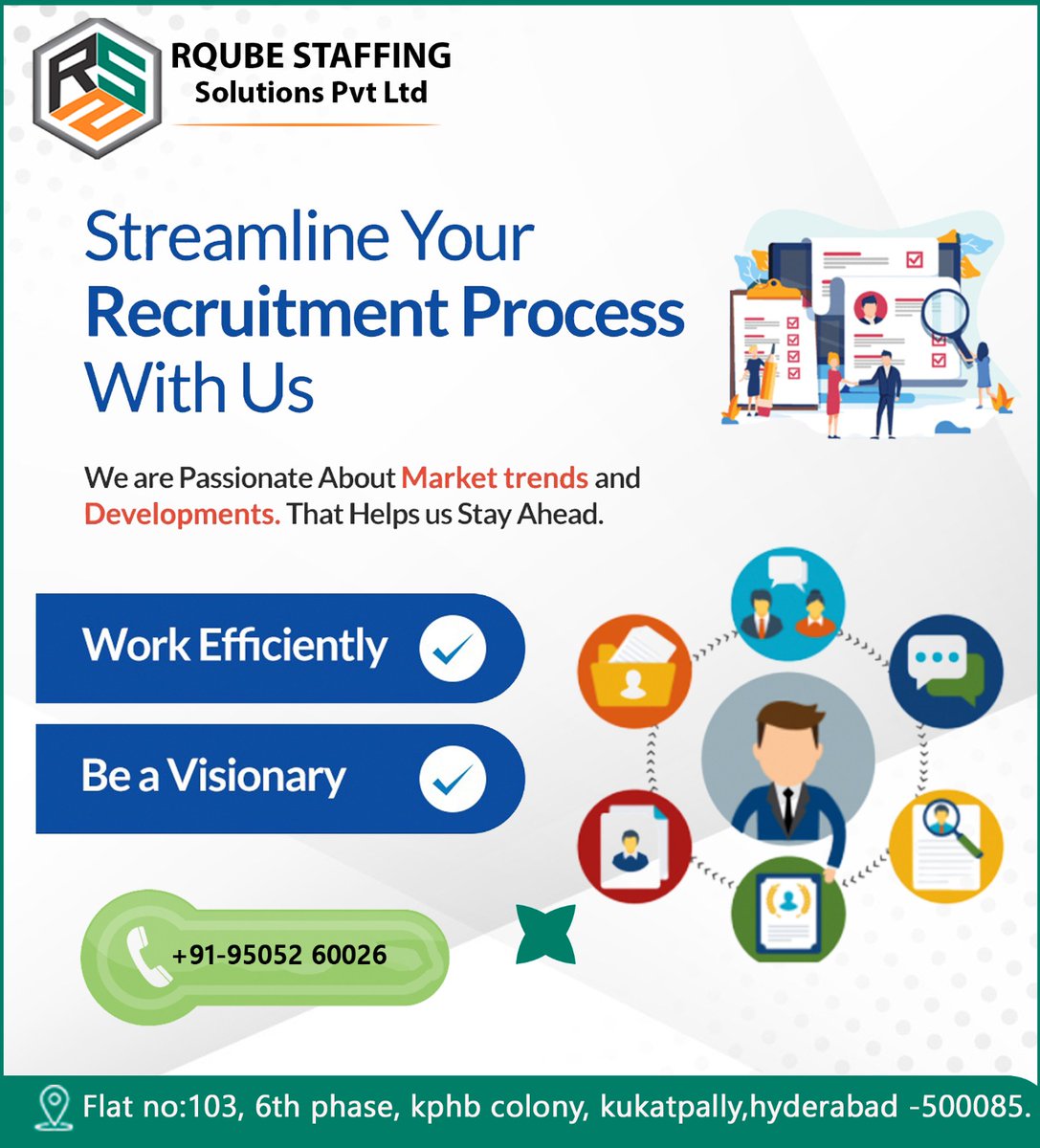 Streamline your Recruitment process with us 
contact :+91 95052 60026
#staffingsolutions #beststaffingagency #skilledManpower
#rqubeprivatelimited #professionalITcandidates #professionalstaff
#staffingsupport #Rqube #recruitmentprocess #passionatemarkettrends #WorkEfficiency