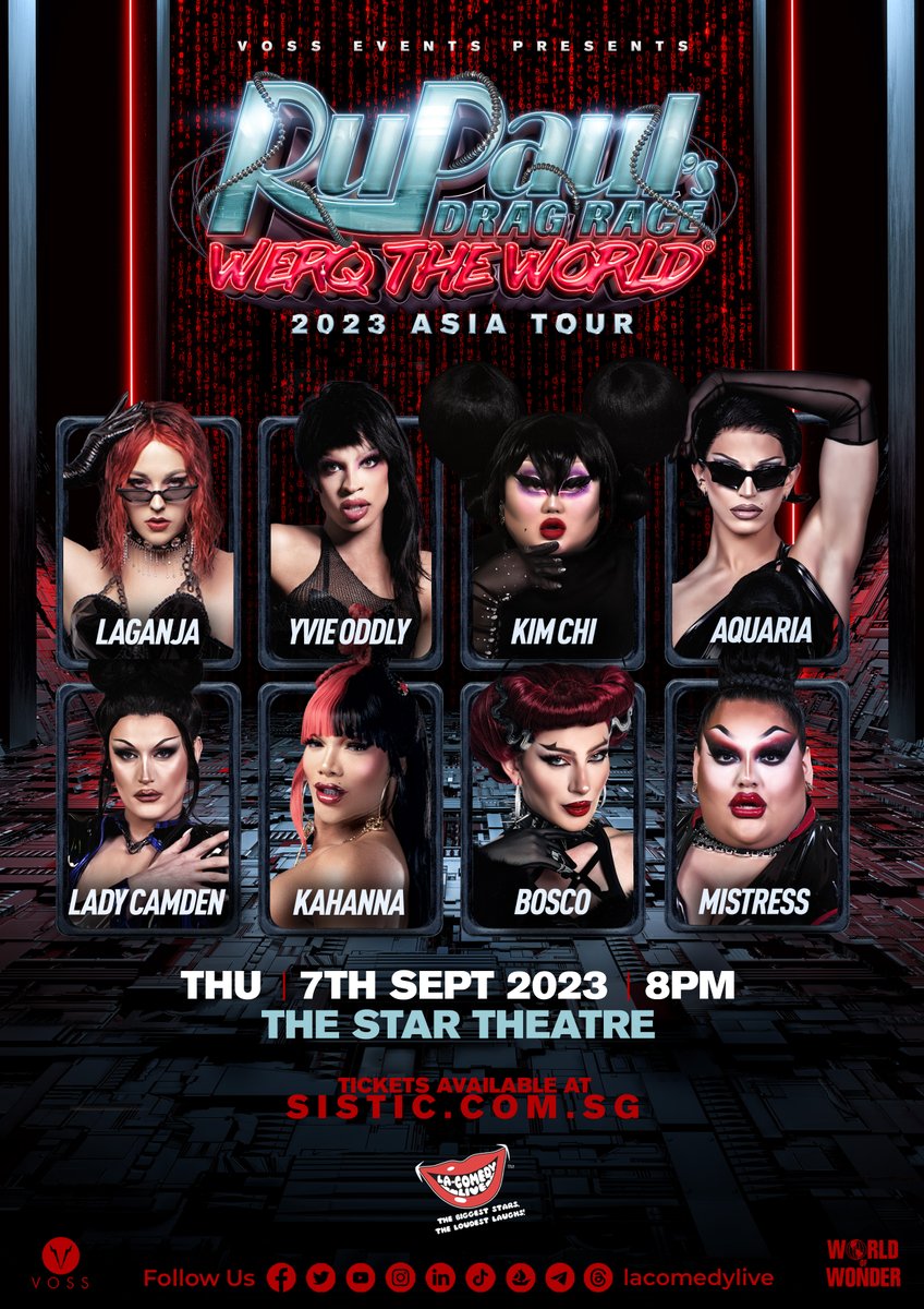 LAGANJA AND KAHANNA ADDED!

Cat 1: S$388 (w/ Meet &amp; Greet)
- M &amp; G comes with a digital photo, laminate + lanyard + A3 poster
Cat 2: S$188
Cat 3: S$168
Cat 4: S$148
Cat 5: S$128
Box A and C: S$188
Restricted View: S$388 (Inclusive of Meet and Greet)
sistic.com.sg/events/rupaul0….