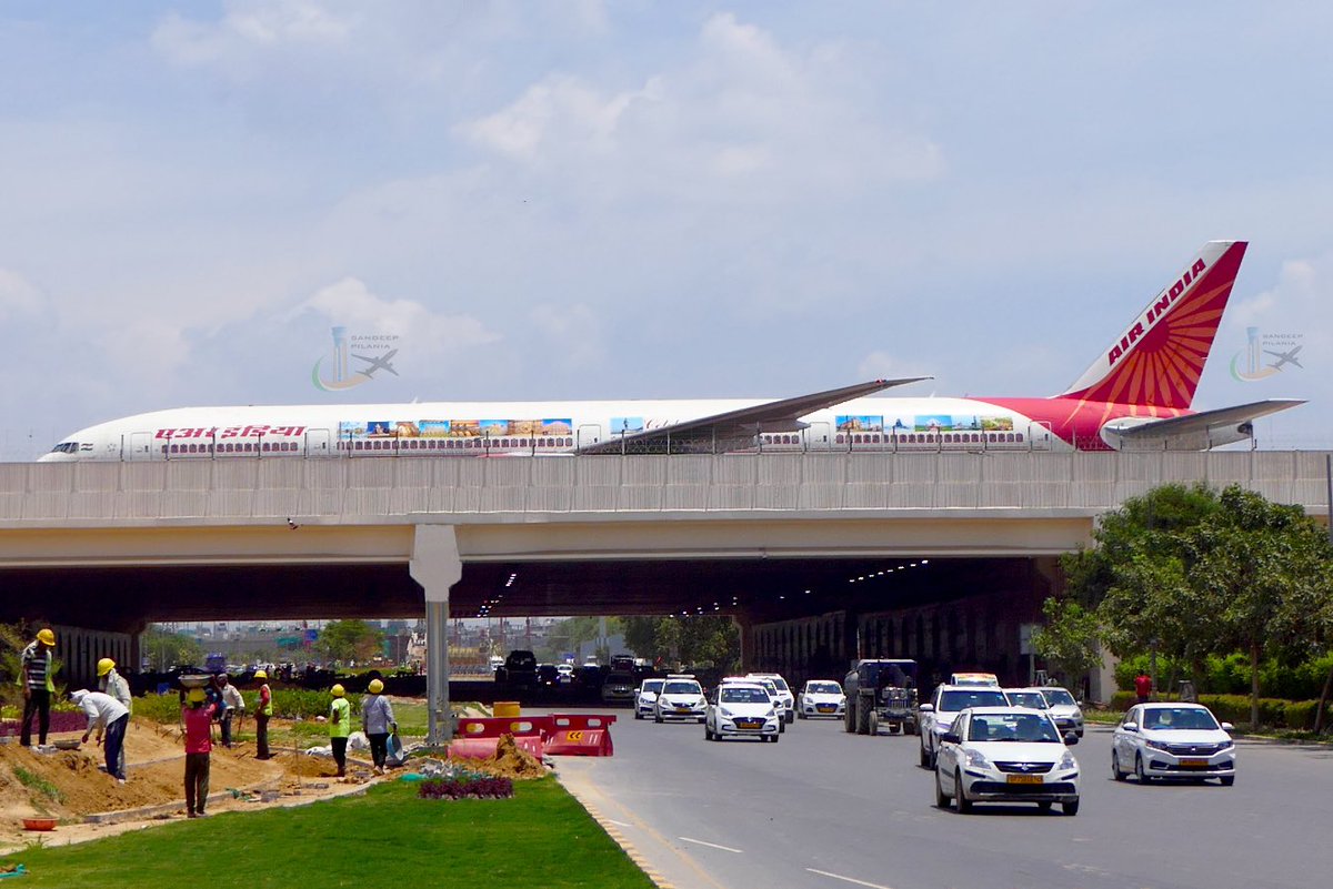 AvgeekSandyP's tweet photo. What a brand logo and reveal by @AirIndia yesterday. #AlInTheSky 

Here’s my small tribute to them in their own celebration livery style on the #ElevatedTaxiway at @Delhiairport 

#FlyAI #Aviation #Planespotting #Friday #Delhi https://t.co/AA7sjnj4EH