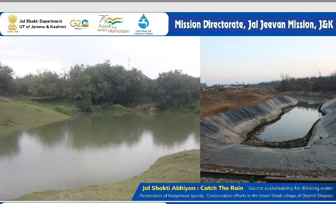JJM_JK's tweet photo. Restoring Kargomsar pond and implementing effective conservation efforts in the Imam Shaib village of District Shopian under Jal Shakti Abhiyan's "Catch the Rain" initiative.
@gssjodhpur @MoJSDoWRRDGR @jaljeevan_ @mahajan_vini @iamvikassheel @JalShaktiAbhyan @archanavarmaIAS https://t.co/fa9I1wheS1