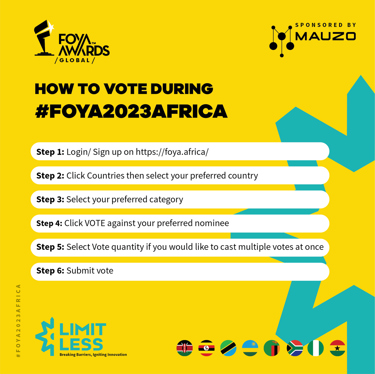 FoyaGlobal's tweet photo. Phase 2 is undoubtedly an exciting milestone for this edition. Here's how to vote for your preferred nominee:

Step 1: Login/ Sign up

Step 2: Click Countries then select your preferred country

Step 3: Select your preferred category https://t.co/aHozykZ27H