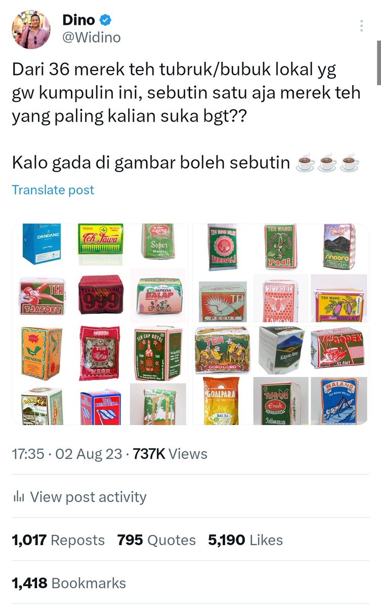 Widino's tweet photo. BAGI BAGI TEH TUBRUK, MAU GAK??? 

Gak nyangka pecinta teh itu banyak bgt dan masing-masing punya selera sendiri sama teh lokal.

Nah, dalam rangka ultah @JeniusConnect  yg ke-7, gw sama Jenius mau checkout-in teh tubruk buat 5 orang, masing-masing dapet teh senilai max 200rb.

Caranya:
✅ RT & Reply twit ini dengan ucapan "Selamat ulang tahun ke-7 Jenius! Thank you promo 7 hari 7 malamnya #jadilebihjenius"
✅ Mention @JeniusConnect 

Yuk gaes ikutan, 200ribu buat beli teh mah bisa tuh dapat semua merek teh lokal hahaha. Good luck yah?!