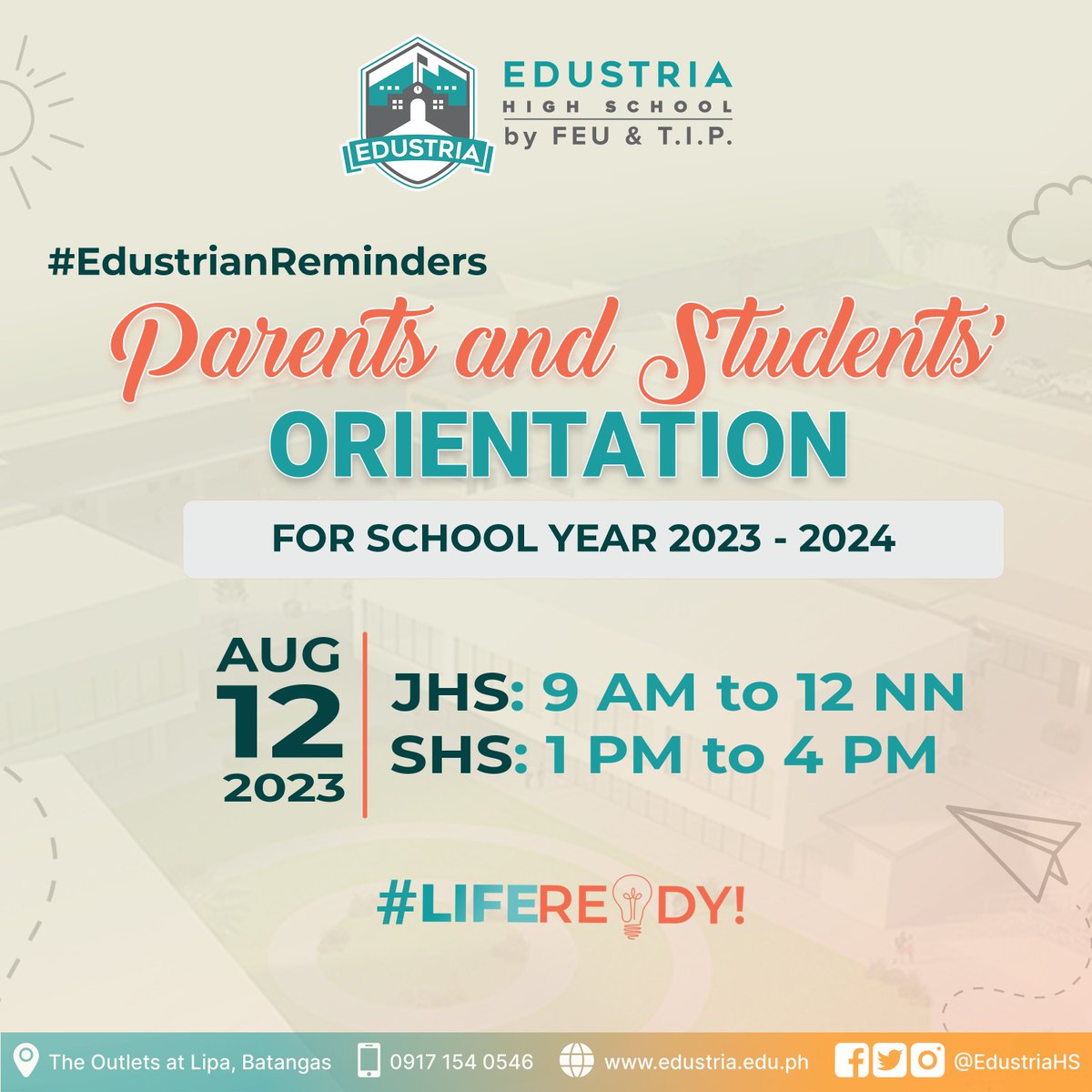 EdustriaHS's tweet photo. 🔔 #EdustrianReminders: Parents and Students’ Orientation 2023
🗓️ Make sure to mark your calendars, our dear parents and students. 

August 12, 2023
Junior High School: 9 AM - 12 NN
Senior High School: 1 PM - 4 PM

#EdustriaHighSchool
#LifeReady https://t.co/B9Aq5Syma2