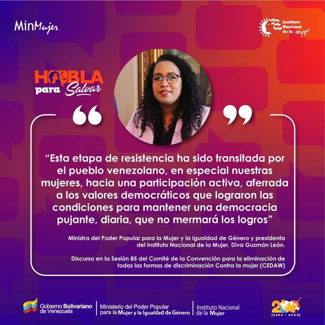 📢 #AsíLoDijo la ministra de <a href="/minmujer/">MinMujer</a> y presidenta de #Inamujer, Diva Guzmán León:

#HablaParaSalvar

#MinMujer
#Mujer
#Mujeres
#MujeresDeVenezuela
#DerechosDeLaMujer
#Derechos
<a href="/NicolasMaduro/">Nicolás Maduro</a> 
<a href="/d_guzmanl/">Diva Guzmán</a>