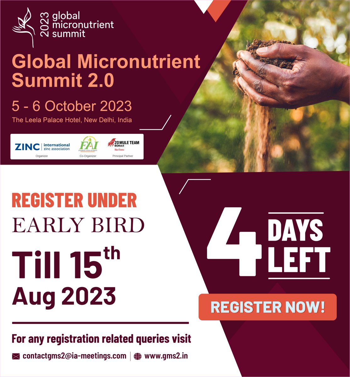 Four days to go! Early Bird registration ends soon!

Join us to know more on micronutrient fertilizers from the world renowned experts and national &amp; international speakers.

Register now and save: gms2.in

#micronutrient #zinc #boron