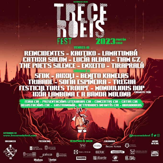 Cartel @TreceRoeisFest Pantón #RibeiraSacra 18 e 19 de agosto con acampada libre e de balde en @concellopanton con @reincidentesofi @SFDKoficial @kaotikooficial @catuxasalom @Benitokamelasof @treguarock @enxeito @monoulious_dop y mucho + #TreceRoeisFest #TRF23 @RibeiraSacra_