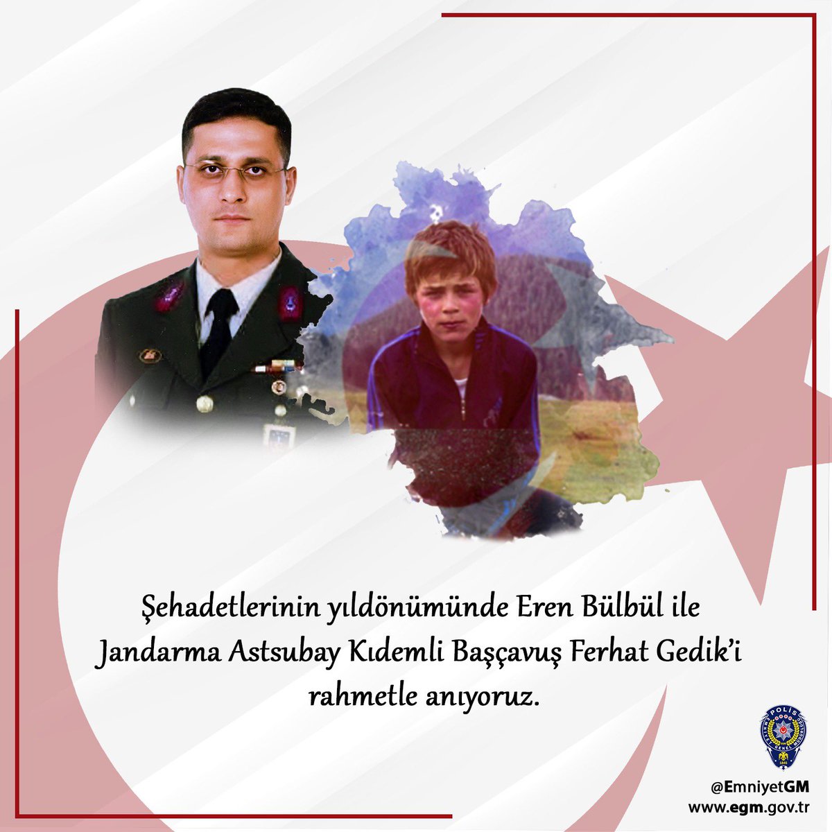 İyi ki varsınız... 
İyi ki... 

🇹🇷🇹🇷🇹🇷

Şehadetlerinin 6'ncı yılında Eren Bülbül ve Jandarma Astsubay Kıdemli Başçavuş Ferhat Gedik'i saygı ve rahmetle yad ediyoruz. 

#iyikivarsınEren
#iyikivarsınFerhat