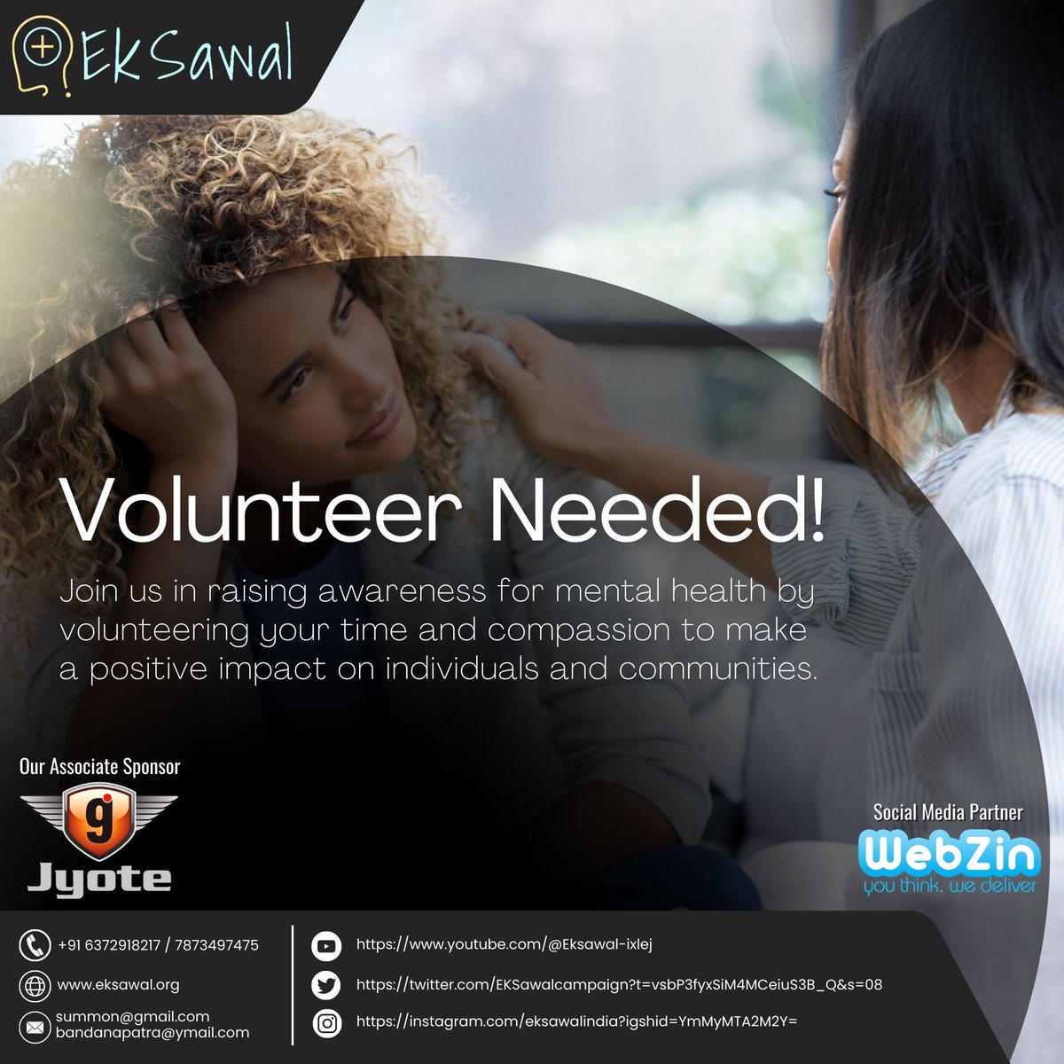 Join hands for a cause that truly matters! Ek Sawal is on a mission to spread mental health awareness. If you're passionate about making a difference, we need YOU as a volunteer.  #VolunteerRecruitment #Eksawal #endthestigma #letstalk