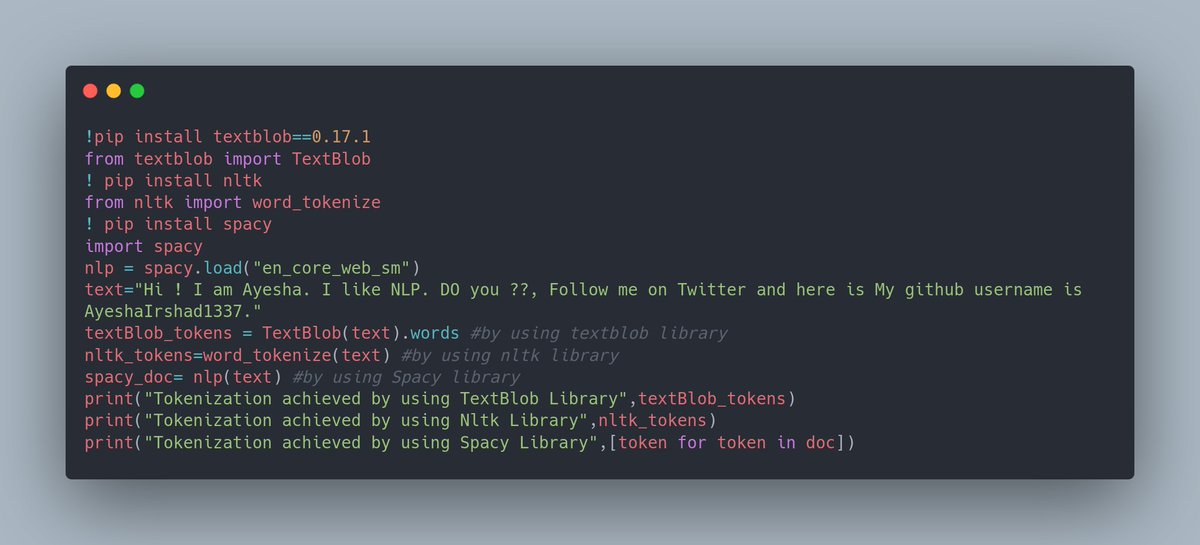 Ayeshairshad124's tweet photo. Day 6 of #100DaysOfCode in NLP: Delving into tokenization! 📝🔠
Unlocking the power of tokenization across different libraries! 🗝️📊 #NLP #Tokenization #Python #CodeNewbie #LearningInProgress #Day6 #Spacy #textblob https://t.co/yXaA3YRjoC