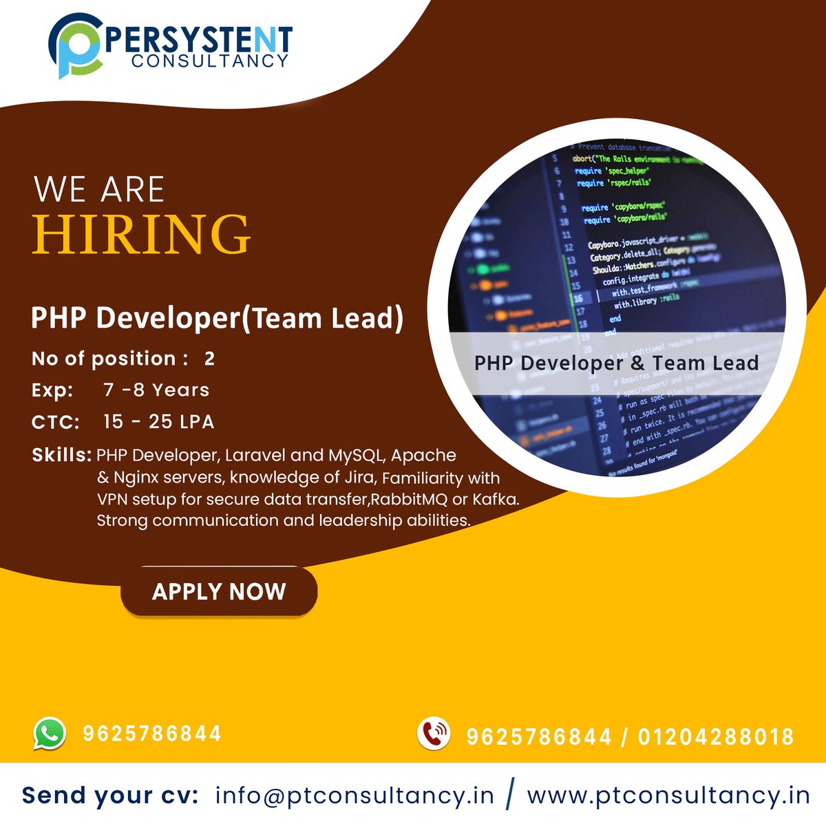 ptconsultancy1's tweet image. Hiring PHP Developer ( Team Lead)
Experience - 7 to 8 Years
Salary - 15 to 25 LPA
Apply at link :- bit.ly/hiring-php-dev…
Location - Noida
Key Skills:- Experience with message brokers like RabbitMQ or Kafka
Mail id:- ptcon2020@gmail.com
#hiringphpdeveloper #persystentconsultancy