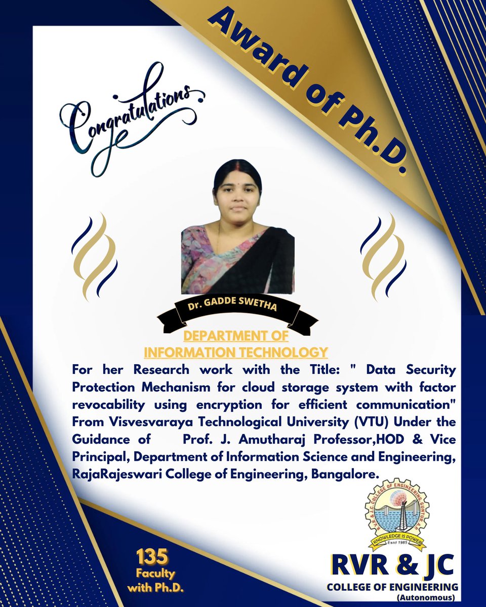 rvrjc_official's tweet photo. Congratulations Dr. Gadde Swetha, Department of Information Technology. 
#rvrjcce #faculty #phd #computerscience #infomationtechnology https://t.co/1c6ySY8Gsx