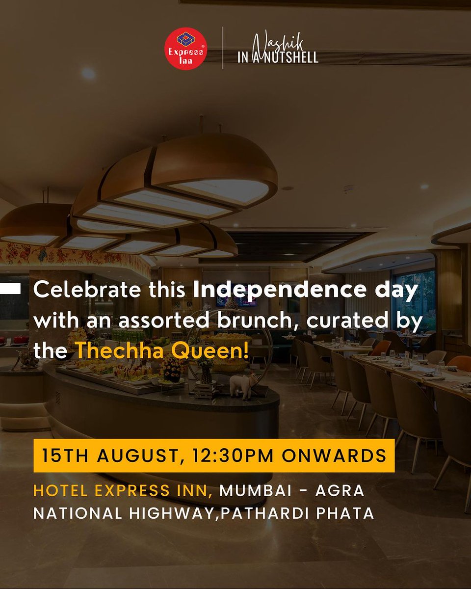 ExpressInnNasik's tweet image. A brunch by a CELEBRITY MASTERCHEF! 👩🏻‍🍳
This Independence Day, let there be zan-zanit brunch by the Thecha Queen😋
📍Hotel Express Inn
15th Aug, 12:30 pm 
To know more, call +91 8888830496 or +91 8888831058
#expressinn #expressinnnashik #chef #brunchinnashik #brunch #nashik