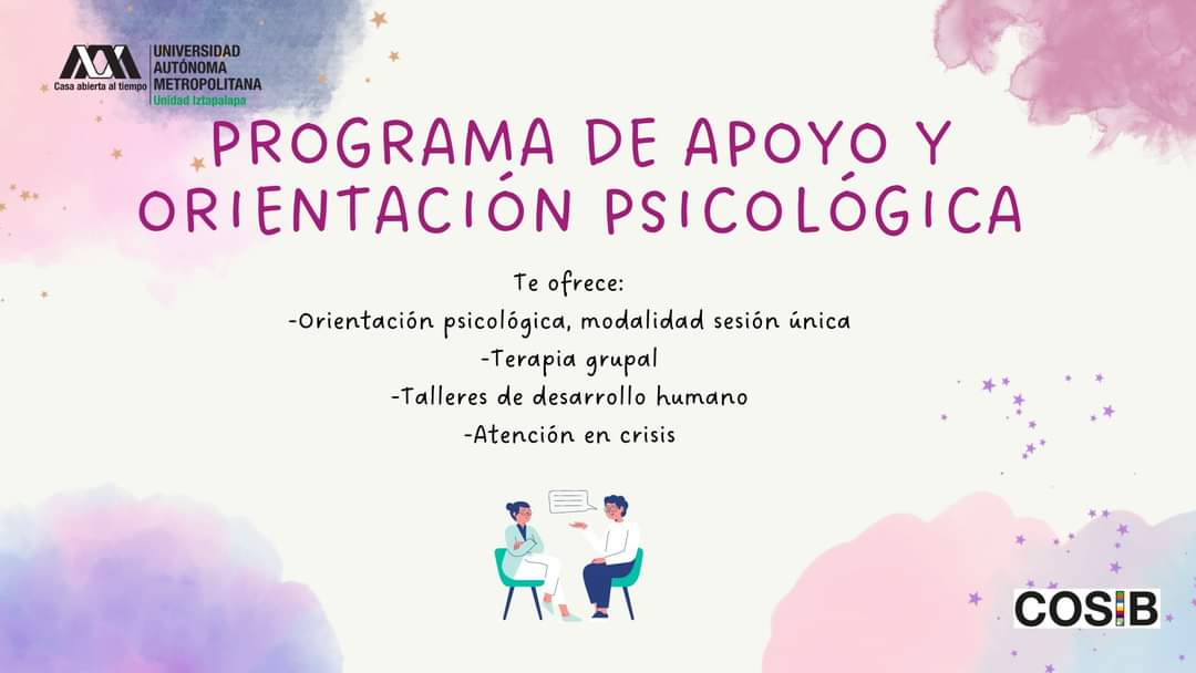 UAM_Iztapalapa's tweet photo. #Panteras 📣 #ProgramaDeApoyoPsicológicoUAM ✍🏼🗒️🗣️👂🏼🧠
Prioriza tu calidad de vida, visita el Programa de Apoyo y Orientación Psicológica y trabaja tu salud mental.
Conoce más sobre los servicios que #COSIB tiene para ti. 👉🏻 https://t.co/jzMIS0O01I
#SomosUAMI #ComunidadUAMI https://t.co/LgwILslQRc