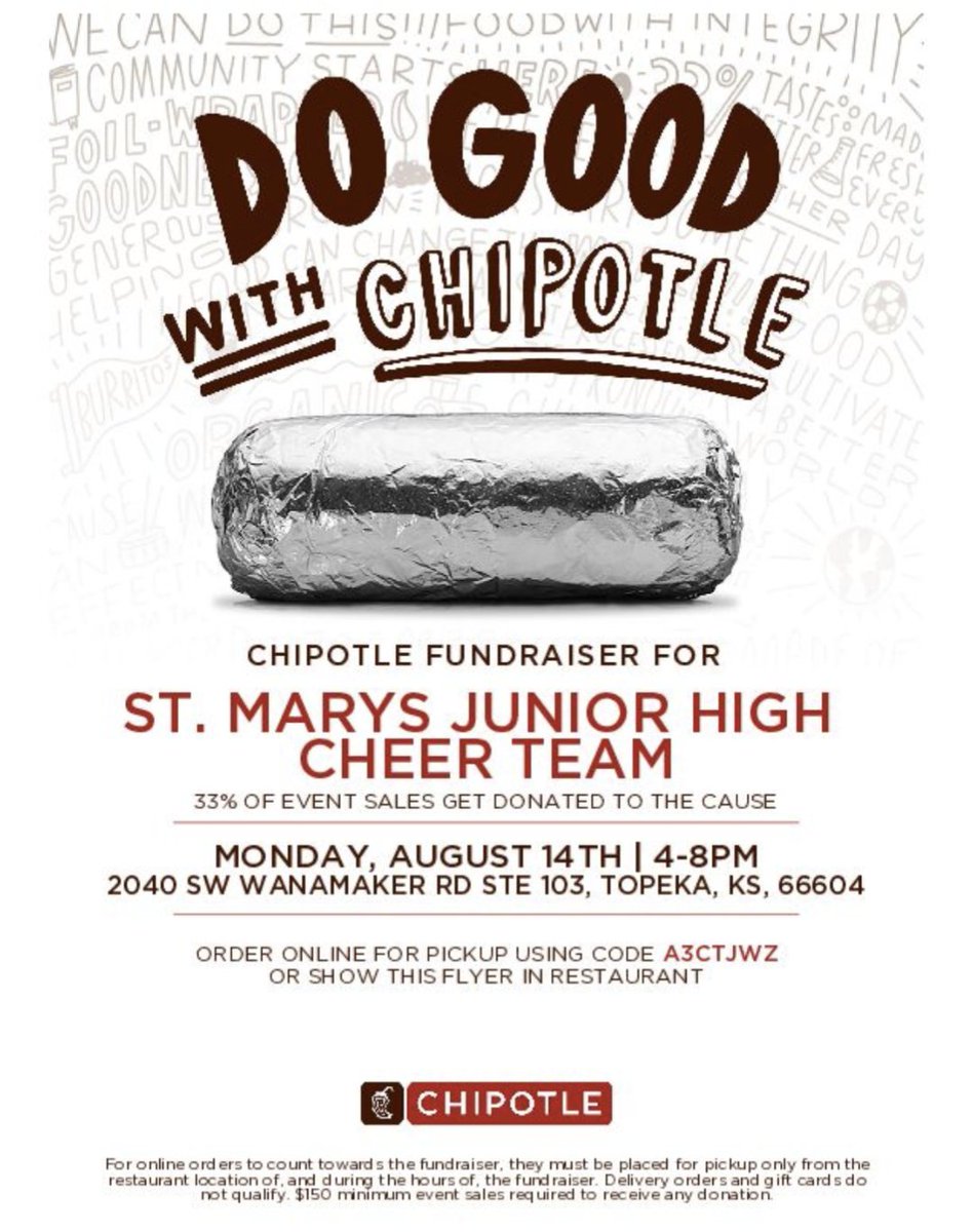 mooreteach2020's tweet photo. Come support the SMJH Cheerleaders on Monday, August 14th from 4 pm to 8 pm at Chipotle on Wanamaker in Topeka. Help the SMJH Cheerleaders raise money for new uniforms. https://t.co/qwmloy2KrF