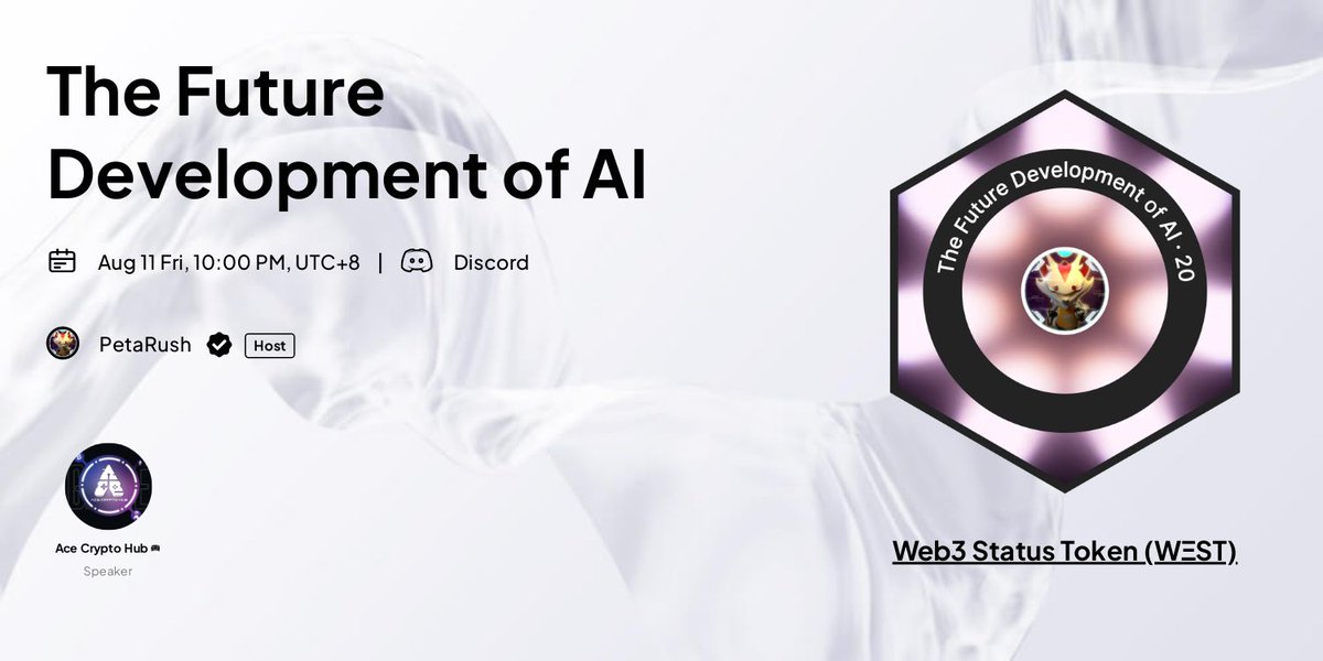 With recent #AI trends on the rise, how will AI develop in the future?
Let's have Ace discuss this with everyone.

🕖 Time: 2023/08/11  22:00 UTC+8
💎 Host: Ace | Petarush
📍Location: discord.gg/8GsjTw997P

Link3:
link3.to/e/I3zM0d