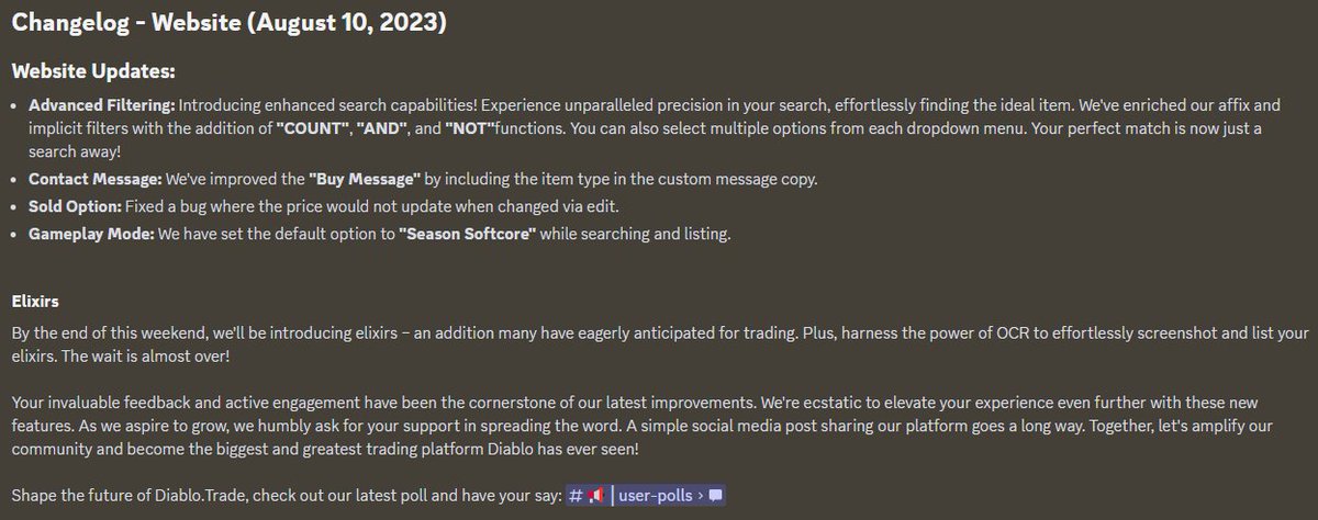 We recently pushed the following updates:
Advanced Filtering
Contact Message Update
Default Gameplay Mode

Start trading: Diablo.trade
Join the discord: discord.com/DiabloTrade #DiabloIV