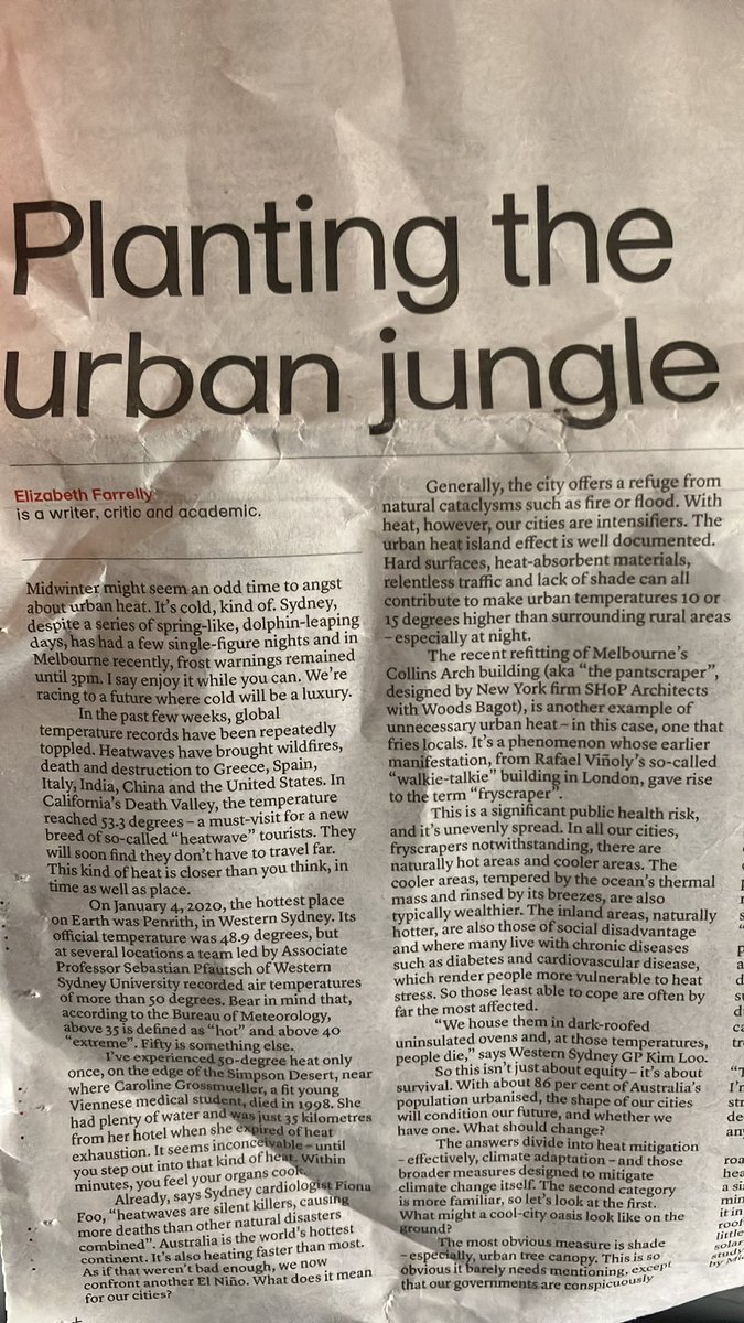 Great article by <a href="/emfarrelly/">Elizabeth Farrelly</a> in the <a href="/SatPaper/">The Saturday Paper</a> talking urban greening &amp; urban heat island. #TreeCanopy #Heat #mainstream