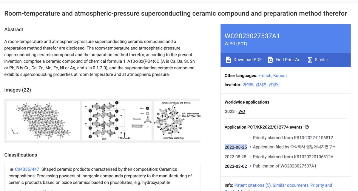 Seok-bae has filed a patent for room-temp, atmospheric-pressure superconducting ceramic compound last year 2022-08-25.
Org mentioned : Quantum Energy Lab Co. Ltd.
Google patent : 
patents.google.com/patent/WO20230…