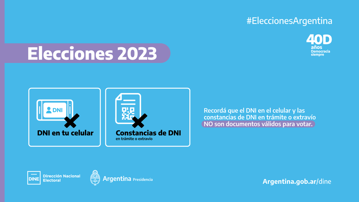 InfoDINE's tweet photo. 🗳️Mañana se vota con el documento que figura en el padrón o una versión posterior.  

Recordá que el DNI en el celular o constancia de DNI en trámite o extravío NO son documentos válidos para votar.

#EleccionesArgentina 

@marcosschiavi https://t.co/pkaNoAaXAl