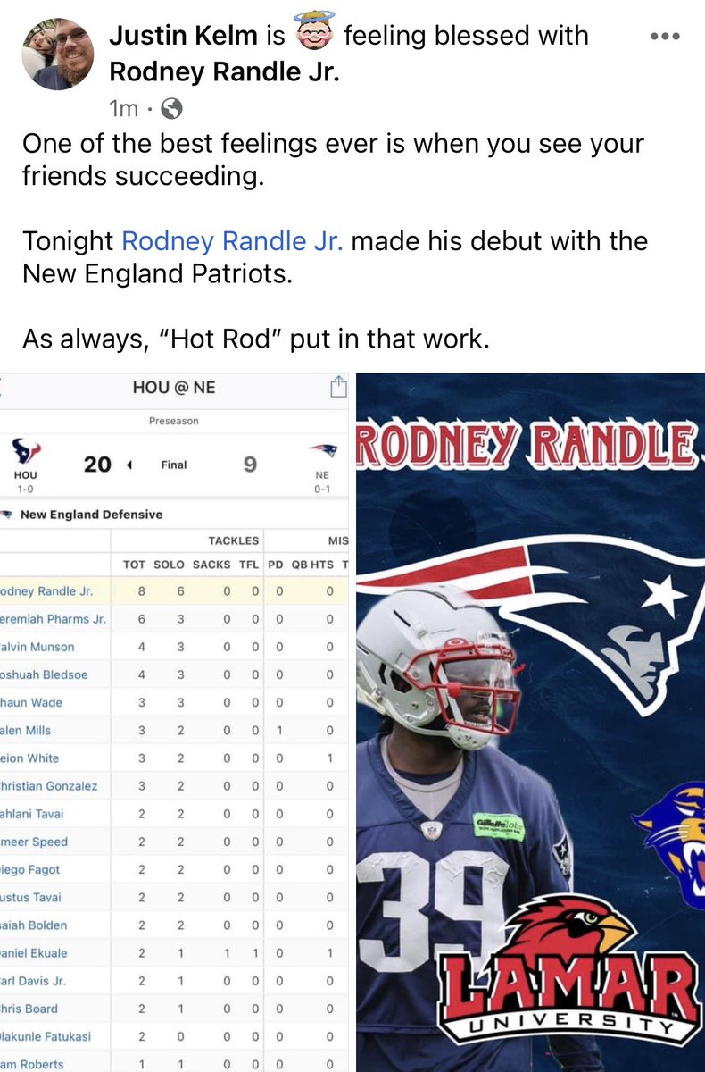 JustinAaronUH91's tweet photo. So proud of the Clifton J. Ozen High School, @LamarFootball alum and current @Patriots DB #39 @rodneyrandlejr who put on a show tonight against the Texans. @kfdmsports @FCSNationRadio1 @DraftDiamonds @Beaumont_Sports @BmtISDAthletics @BmtExam_Sports #So409 https://t.co/8PNDkIFcQ9
