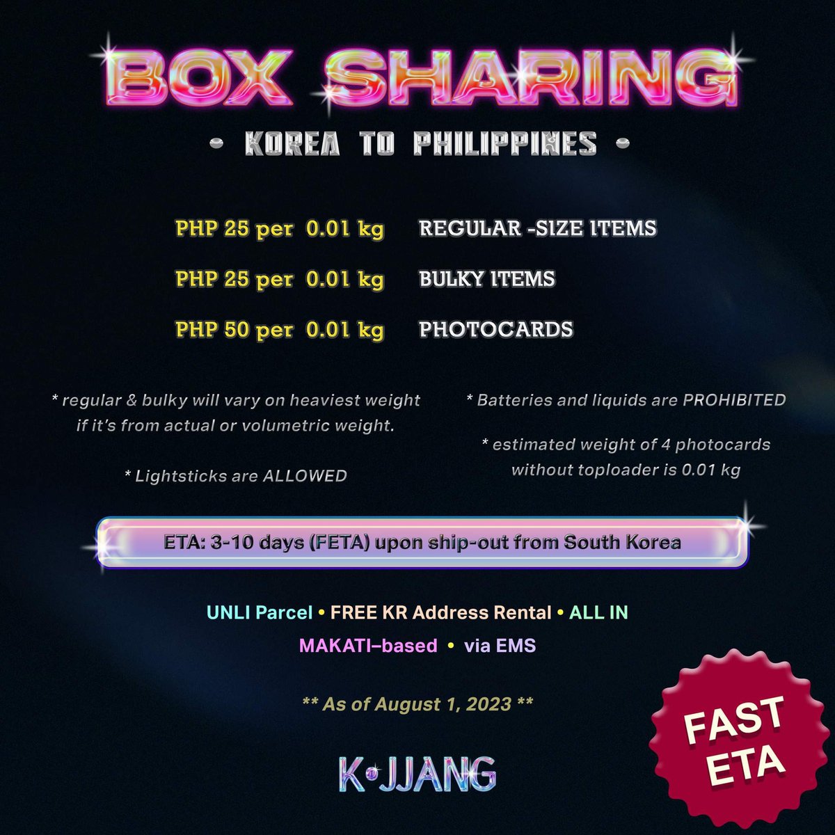 _KJJANG's tweet photo. FETA KR BOX SHARING

💠Php 25 per 0.01 kg

INCLUDES:
✅ FAST ETA (3-10 days) via EMS
✅ Free Photo Updates of your items
✅ Free KR Address Rental &amp;Consol Fee
✅ UNLI PARCEL
✅ MAKATI BASED

DM us!

lf #kraddress #boxsharing #krboxsharing #kraddressrental #krwarehouse #dropship https://t.co/jgigBMxME3