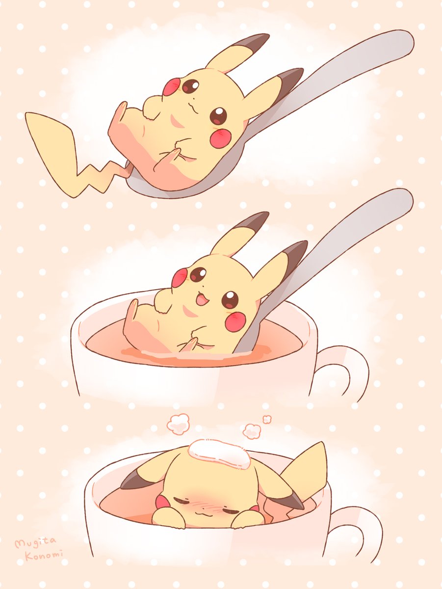 pikachu pokemon (creature) no humans cup smile closed eyes polka dot blush  illustration images