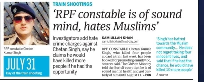 iamshk92110's tweet photo. #ChetanSingh does not have any regrets for killing four innocent people. “Singh told the GRP and the RPF personnel that if the train had not stopped, then he would have killed eight-10 more people. 1/6 https://t.co/5gjwMK82vr