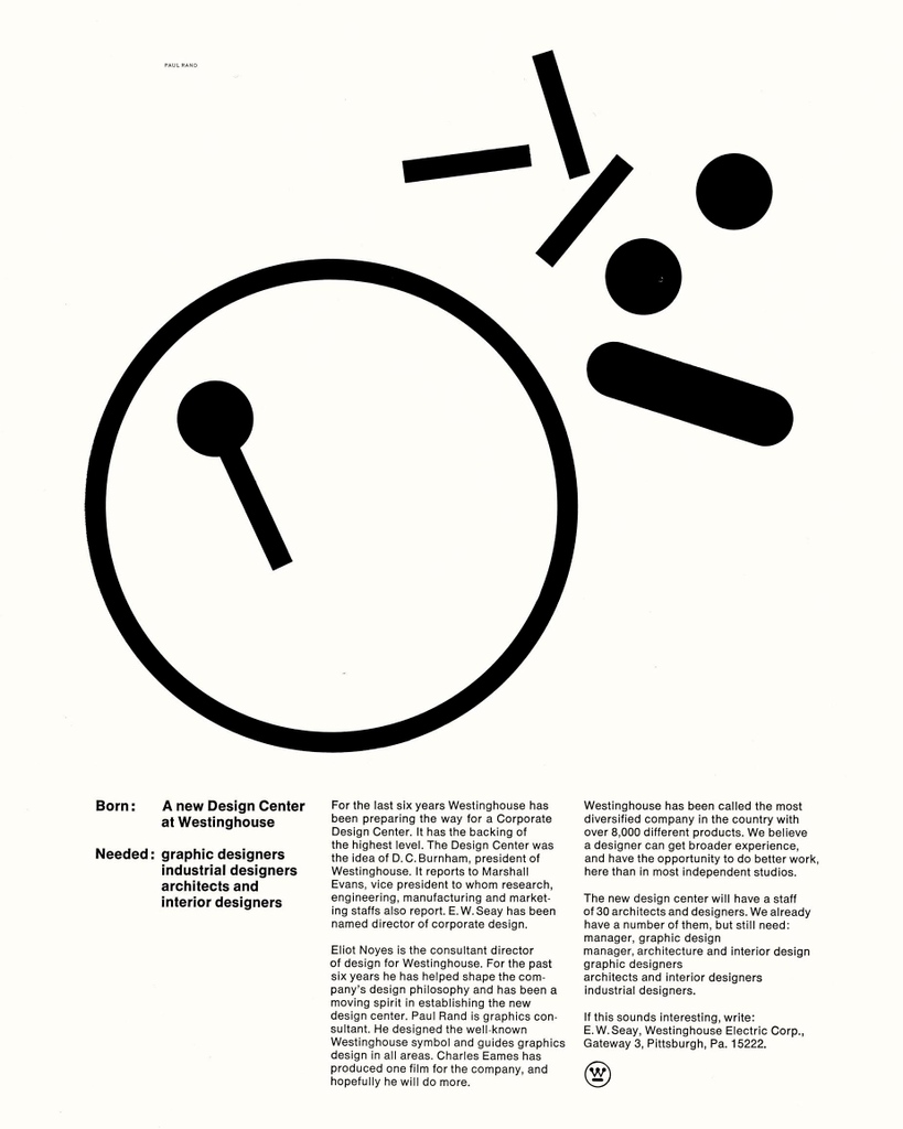 Lett_Arc's tweet photo. Paul Rand, proof for an advertisement seeking new designers for Westinghouse Design Center, ca. 1962.

See more by Paul Rand, including stationery, book jackets, and original artwork, in the Online Archive: https://t.co/HQRRJMxQ5B https://t.co/WQjINTuohv