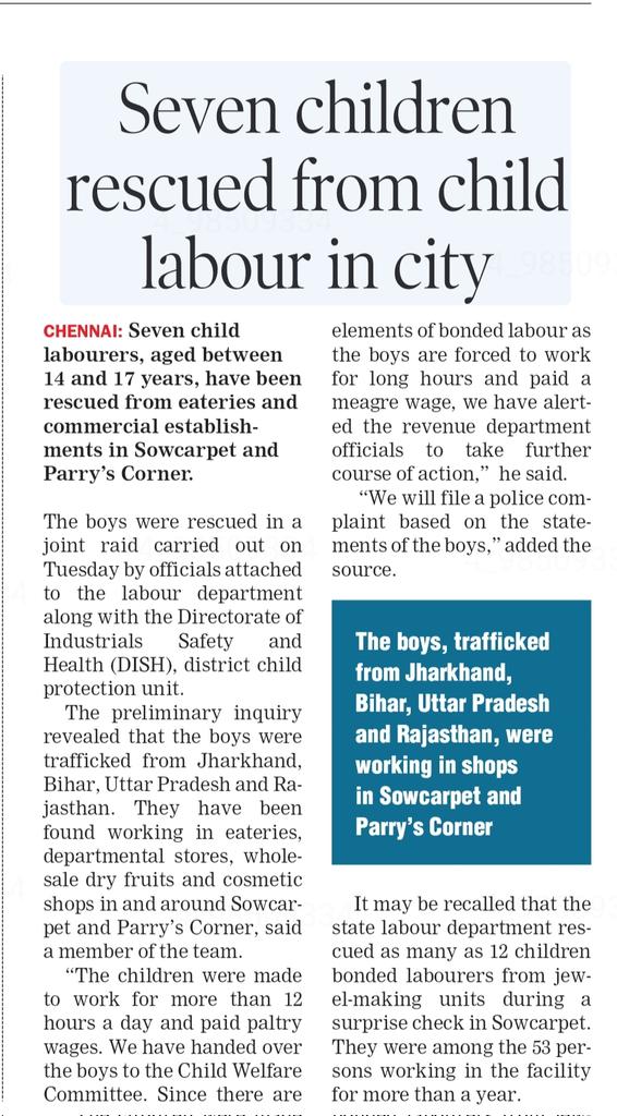 shanmughamsj's tweet photo. Seven #ChildLabourers rescued from commercial establishments from #Sowcarpet and Parry's Corner. https://t.co/unhT2POU45