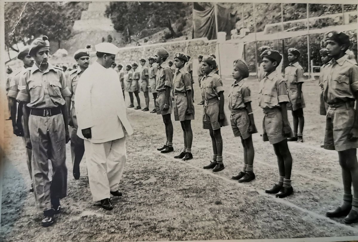 Col Indru Mansukhani (OakGrovian of 1965 batch) who passed away yesterday, seen here taking General Shah Nawaz Khan, Deputy Minister of Railways, through the inspection of the guard of honour, presented to him on 1 June 1963 at OG