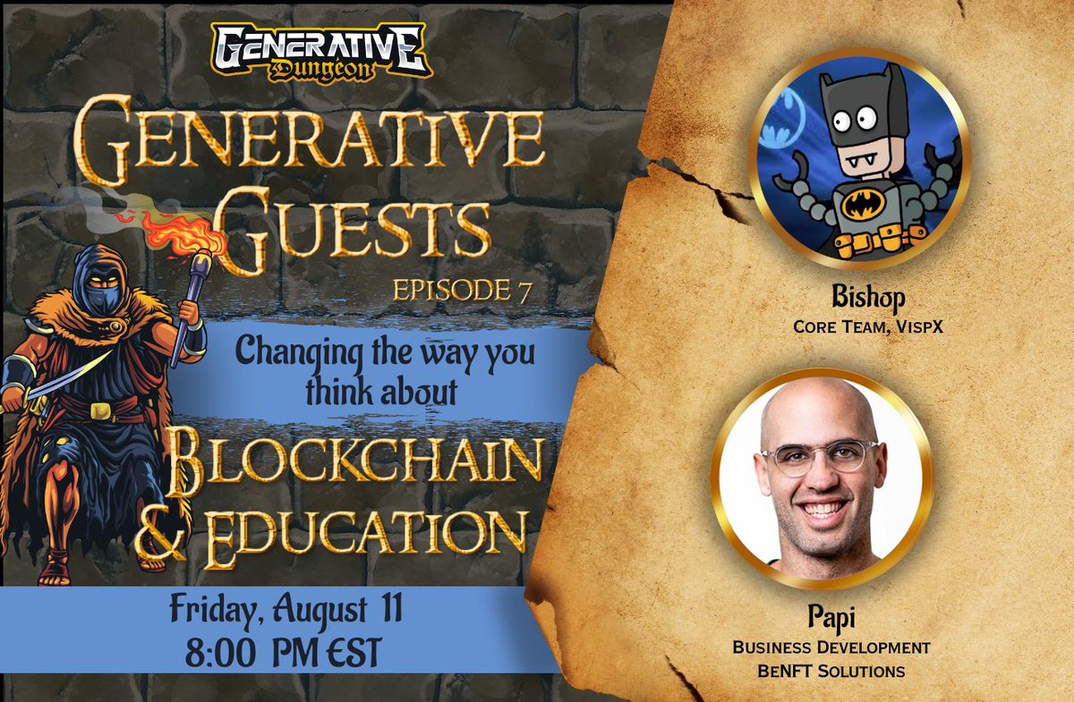 🎓**Bringing Blockchain to Education**. Myths debunked!

🎙️Join us for Episode 8 of Generative Guests live on our Twitter Space as we interview 2 inspiring members of the Crypto Revolution!

Join: x.com/i/spaces/1zqJV…

**Guests:**
♦️ Bishop - Core team, VispX
♦️ Papi -