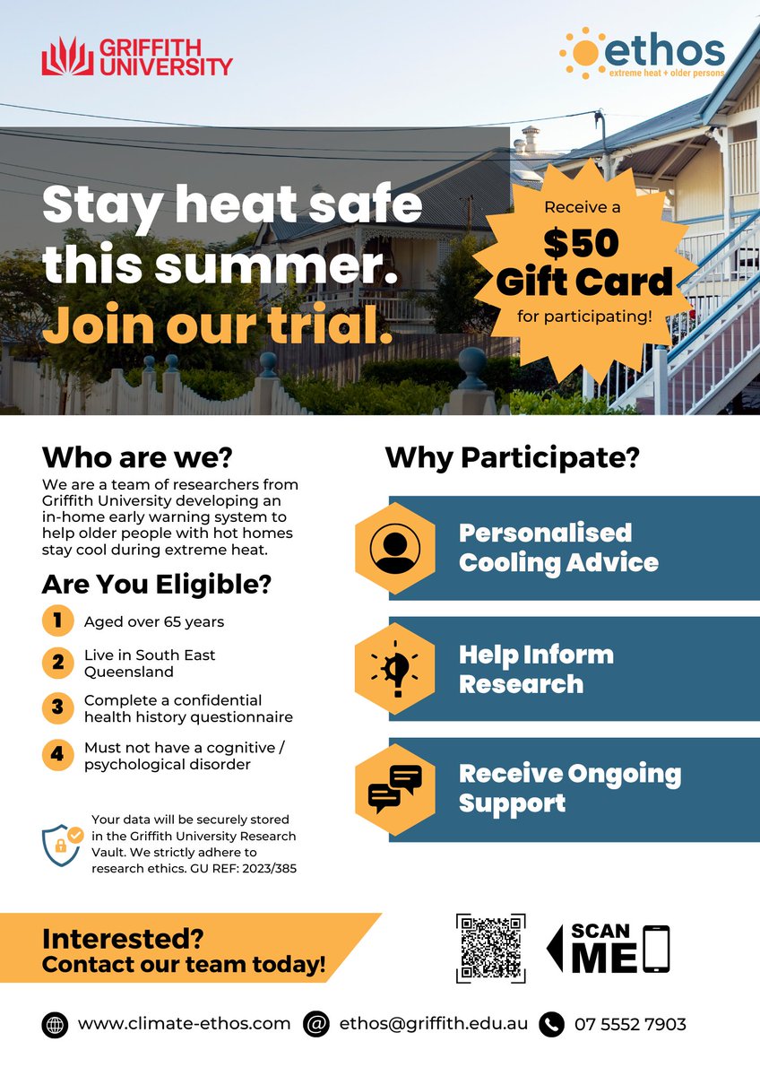 Exciting News! The Ethos Project is gearing up for its first system rollout! The team is on the hunt for participants aged 65+ in Southeast QLD to join the in-home trials. Help us create safer homes by sharing our flyer. Learn more: climate-ethos.com #ClimateAction #QHHCoP