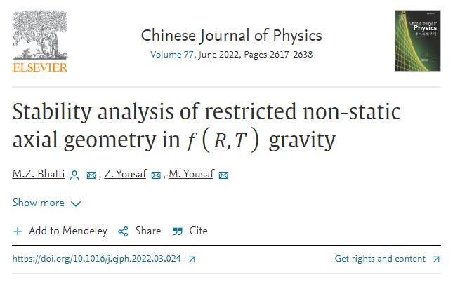 punjabggc's tweet photo. Stability analysis of restricted non-static axial geometry in f (R, T) gravity published by Chinese Journal of Physics
https://t.co/6FmcVr0Uu9
@ElsevierConnect @zyousaf10 @NasirMuddassar https://t.co/6mra0I6C8B