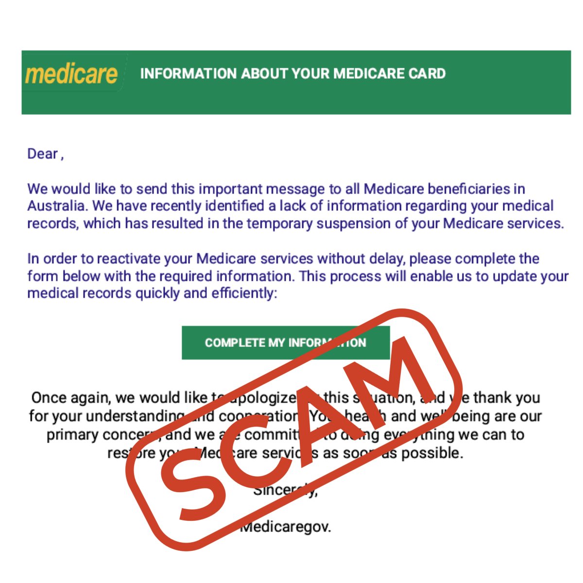 #scamalert: Fake emails impersonating Medicare are doing the rounds claiming Medicare services have been suspended. 
Ignore the email and the instruction to reactivate your Medicare services - it's a scam. 
Ignore, delete, and report to Scamwatch bit.ly/45f9Kvo
