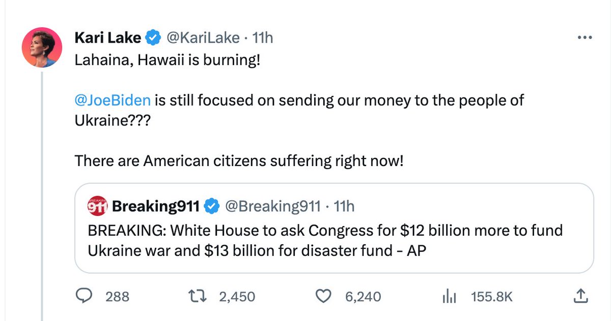 Lahaina, Maui is my home. You don't get to speak for me. Joe Biden has ordered all available federal assets on the Islands to help with response. He can do that AND help Ukraine.  We can do both in the US.  I stand with Ukraine AND I am #MauiStrong.  And you are despicable.