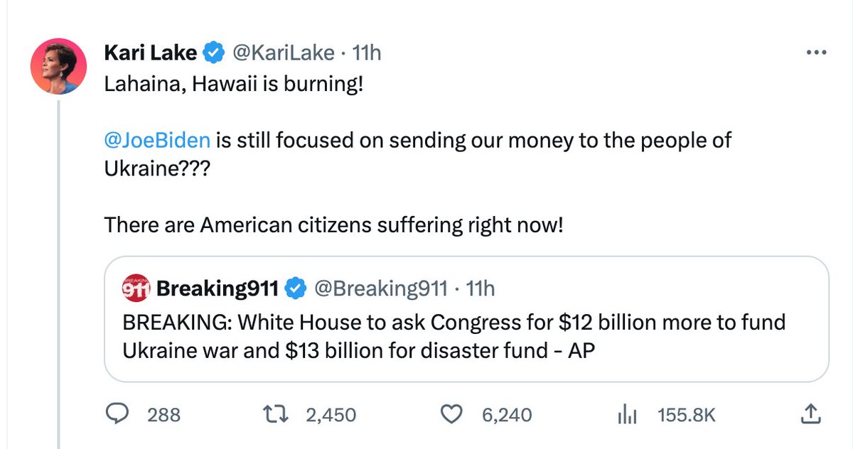 Lahaina, Maui is my home. You don't get to speak for me. Joe Biden has ordered all available federal assets on the Islands to help with response. He can do that AND help Ukraine. We can do both in the US. I stand with Ukraine AND I am #MauiStrong. And you are despicable.