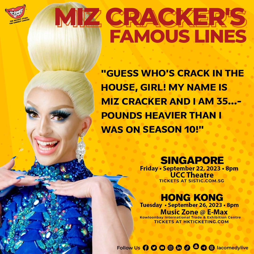 "Miz Cracker: A Brief History of the Entire World...and also me!", happens on September 22nd, 8PM at the UCC Theatre, Singapore, and September 26th, 8PM at the Music Zone @ E-Max, Hong Kong

SINGAPORE: sistic.com.sg/events/mizcrac…
HONG KONG: premier.hkticketing.com/shows/show.asp…

#lacomedylive