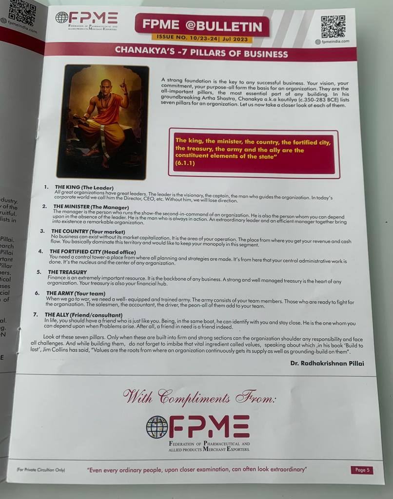 rchanakyapillai's tweet photo. "My Chanakya article on '7 Pillars of Business' in the Federation of Pharmaceuticals and allied products Merchant Exporters (FPME) newsletter."
#FPME #Chanakya #7PillarsOfBusiness https://t.co/d7L40ljQk7