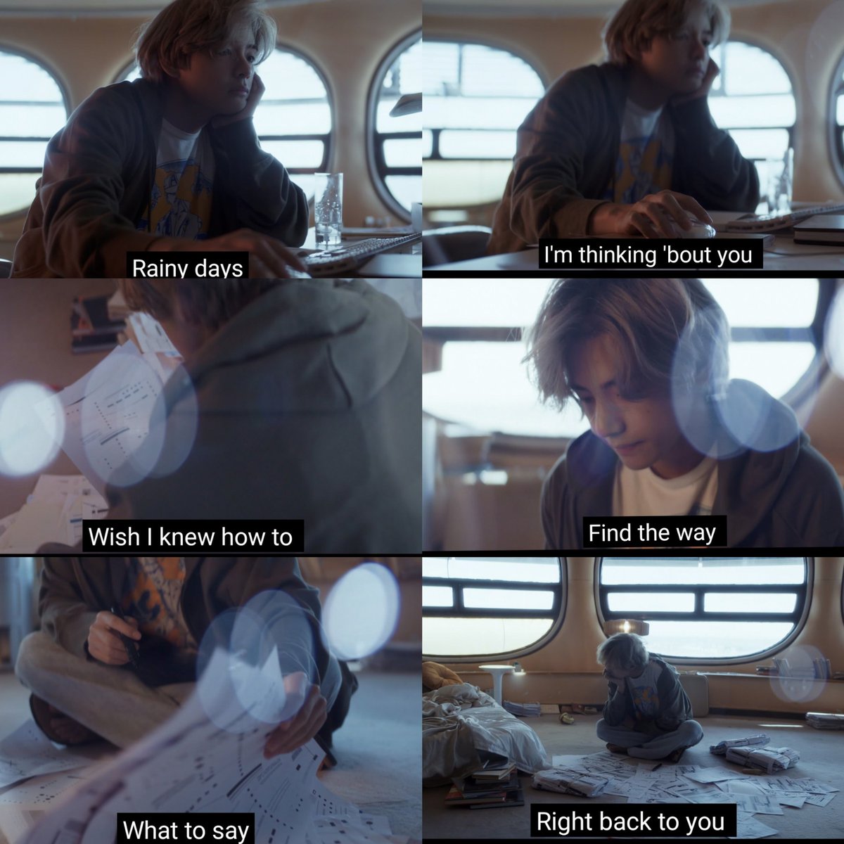 "Rainy days I'm thinking bout you. What to say wish I knew how to Find the way what to say right back to you." — Taehyung, rainy days