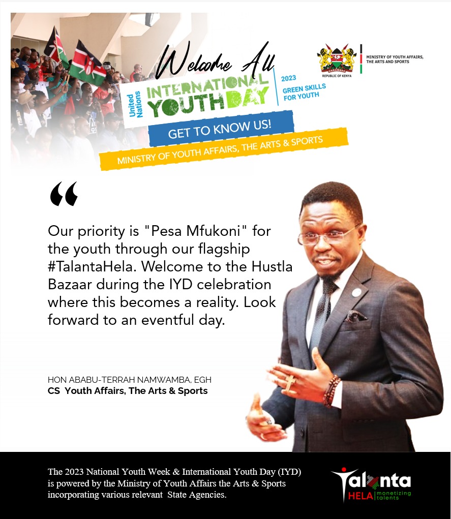 SDY_Ke's tweet photo. As the International Youth Day approaches, @moyasa_ke  Cabinet Secretary Hon. @AbabuNamwamba EGH has voiced support to the youth &amp; urged them to take up every opportunity to monetize their talents.
#TalantaHela
#HustlaBazaar
#SautiYaVijana
#AbabunaKazi
#NYWKe
#IYD2023 https://t.co/jz1ETuS5rK