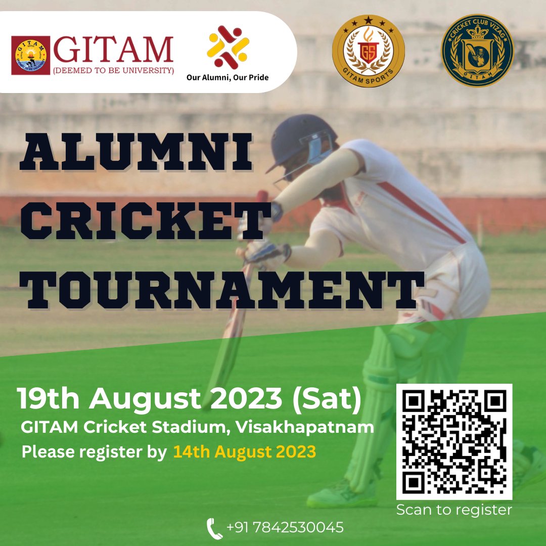 Alumni_Gitam's tweet photo. Howdy, alumni! 🤠

We're back on the pitch with a game of cricket.

Save the Date: August 19th, 2023
Venue: GITAM Cricket Stadium, Visakhapatnam campus

Register now via QR code by August 14th, 2023.

@GITAMUniversity 
@GitamSports 

#GITAM #Alumni #Sports #CricketMatch https://t.co/TO8P11iY1B