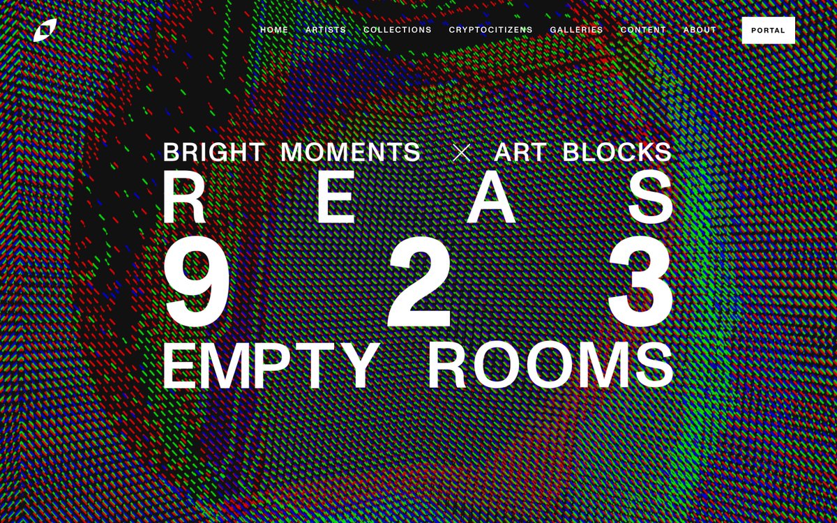 Casey REAS (@reas) on Twitter photo I'm thrilled to release 923 Empty Rooms in collaboration with <a href="/brtmoments/">Bright Moments</a> and <a href="/artblocks_io/">Art Blocks</a> on Monday. It will happen online and in Tokyo, Berlin, London, New York, Mexico City, and Los Angeles over six days. Learn more here: brightmoments.io/923emptyrooms I'm thrilled to release 923 Empty Rooms in collaboration with <a href="/brtmoments/">Bright Moments</a> and <a href="/artblocks_io/">Art Blocks</a> on Monday. It will happen online and in Tokyo, Berlin, London, New York, Mexico City, and Los Angeles over six days. Learn more here: brightmoments.io/923emptyrooms