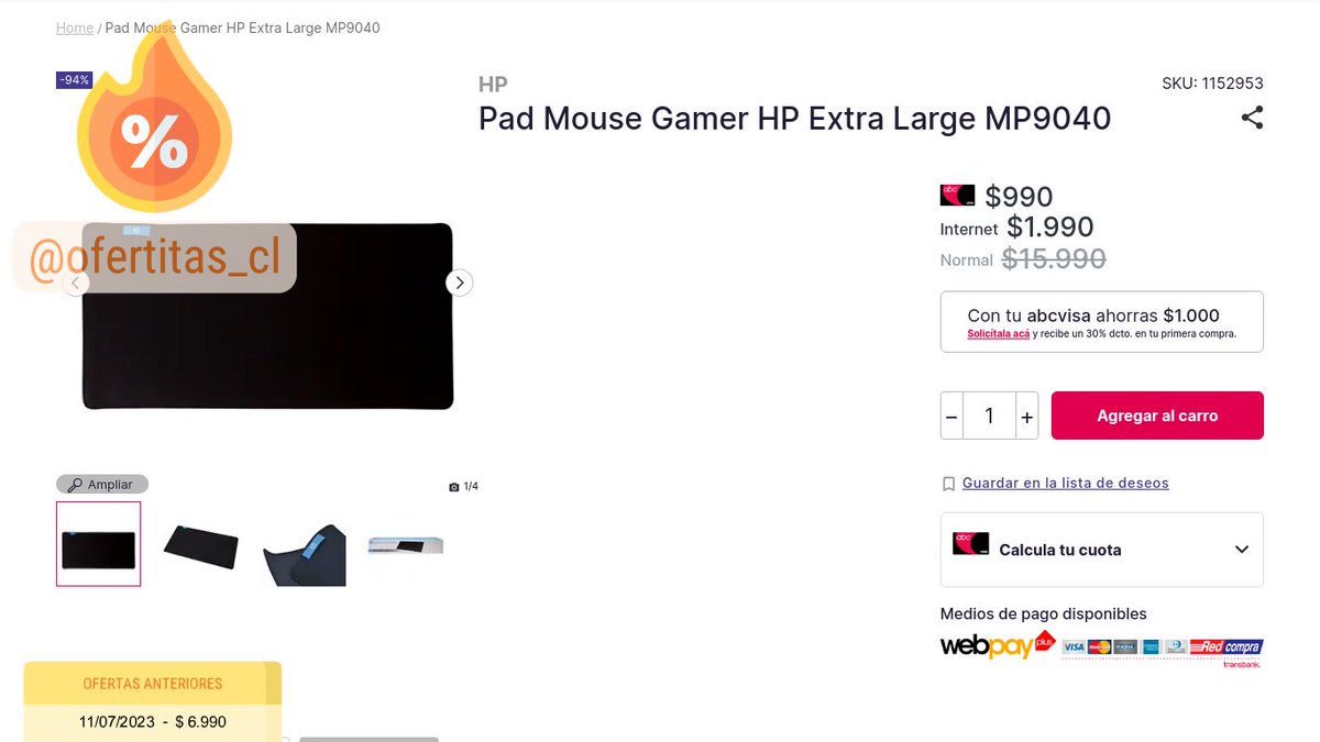 ofertitas_cl's tweet photo. HP | Pad Mouse Gamer HP Extra Large MP9040
🔥 94% Descuento | $ 990
#abcdin #oferta
https://t.co/QUa67FDEwS https://t.co/jP1nJ3X0vU