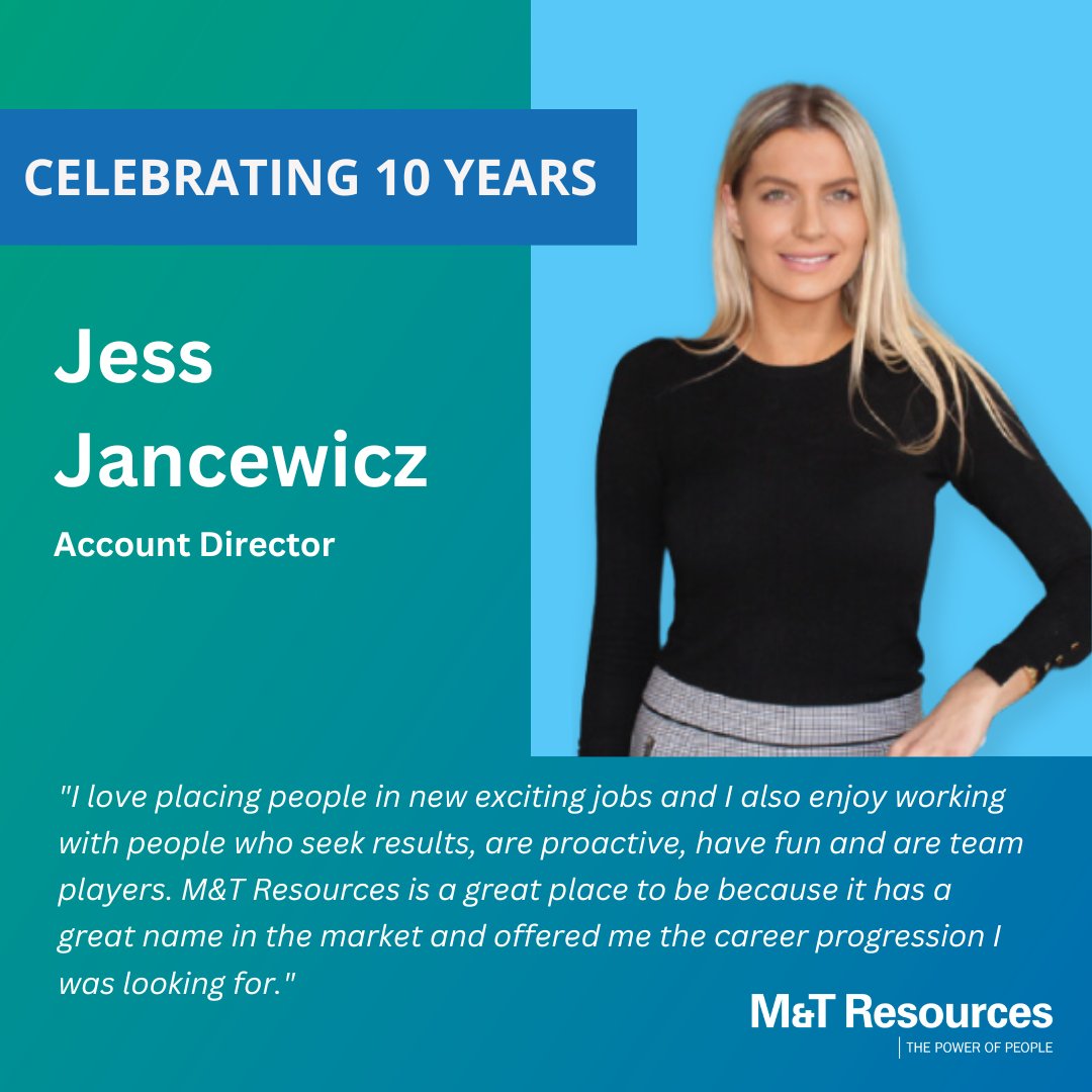 Congratulations, Jessica Jancewicz, on a decade with M&amp;T Resources! Entering double digits is no small feat and, in that time, Jess has demonstrated hard work, dedication to her clients, and passion for the recruitment industry.