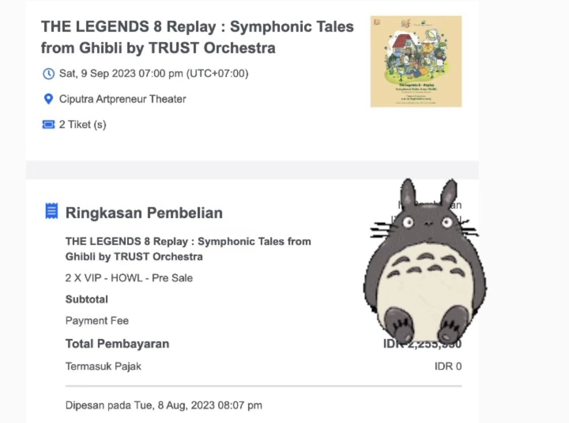 ajvow's tweet photo. WTS Tix The Legends 8 | Replay Symphonic Tales from Ghibli (Show 2 / 3)

⏩️Howl (3 Tix) 1.225.000
⏩️Totoro (4 Tix) 600.000

✅Normal Price! Trusted!

#TrustORCHESTRA #TheLegends8 #symphonic #wtb #wts #zonajajan #zonauang #orchestra #symphonictales https://t.co/YuqkgboyvS